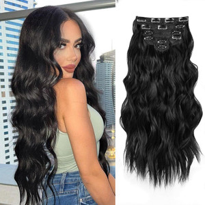 NAYOO Clip in Hair Extensions for Women 20 Inch Long Wavy Curly Natural Black Hairpieces Full Head Synthetic Hair Hairpieces(6PCS,Natural Black)