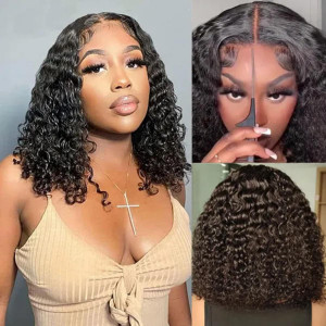 ISEE Wear and Go Glueless Wigs Bob Wigs Human Hair Pre Plucked Water Wave Lace Front Wigs Human Hair Upgraded No Glue Transparent Lace Closure Wigs H