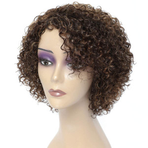 HUA Kinky Curly Short Wigs for Black Women Human Hair Chocolate Brown Mix Medium Auburn Curly Human Hair Wigs for Black Women Glueless 4/30 Color Sho
