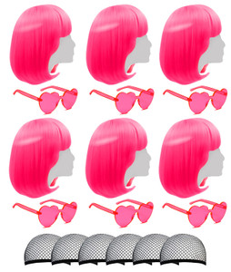 Short Bob Wigs with Bangs, 6 Pack Bob Wigs - Fruit Beach Series Set with Heart Shape Sunglasses, Hairpieces for Neon Halloween Costume, Bachelorette