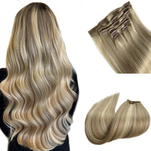 Blonde Clip in Hair Extensions Real Human Hair #18P613 Balayage Highlight Remy Hair Extensions 18 Inch Human Hair Extension Two Blonde Shades Mixed C