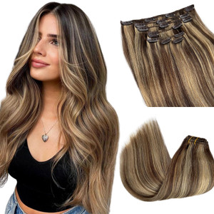 Clip in Hair Extensions Human Hair Highlighted Medium Brown and Caramel Blonde Real Human Hair Clip ins 15 Inch Full Thick Clip in Extensions Brown w