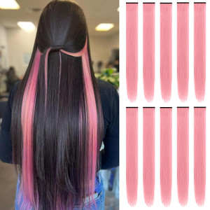 TOFAFA 22 inch Pink Hair Extensions,Color Party Highlights Clip in Long Straight Hairpiece Colorful Synthetic Hair Extensions for Women Girls Cosplay