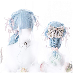 CHC FAIRY New Straight Pink Blue Color Cosplay Wigs Lolita Harajuku Wig Hair Long curly Wig for women (Blue white)
