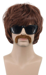 VGbeaty 60s 70s 80s Mens Disco Brown Short Rocker Singer Star Wig with Mustache Hippie Halloween Cosplay Party