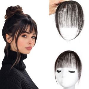 Bangs Hair Clip in Bangs 100% Real Human Hair Extensions Wispy Bangs French Bangs Clip on Air Bangs for Women (A-Natural Black, Wispy Bangs)