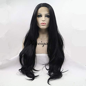 xiweiya Black Wig for Women 1b# Long Natural Wavy Free Part Synthetic Lace Front Wig Heat Resistant Fiber Hair Lace Front Wigs Half Hand Tied 13 * 3