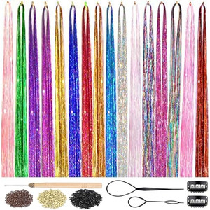 Hair Tinsel Kit with Tools 16 Colors 8000 Strands Fairy Hair Tinsel Heat Resistant Sparkling Shiny Tinsel Hair Extensions 48 Inch Colorful Hair Tinse