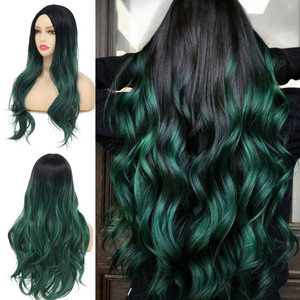 Tseses Green Wig Long Wavy Curly Wigs for Women Ombre Dark Green Synthetic Hair Wigs Dark Roots Hair Women Wig Cosplay Halloween Party Daily Use