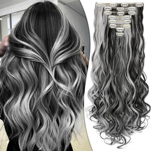 Fanguilar Clip in Hair Extensions 24 Inch 8PCS Natural Black Mix Silver Grey Long Wavy Synthetic Hair Extensions Clip ins Thick Double Weft Extension