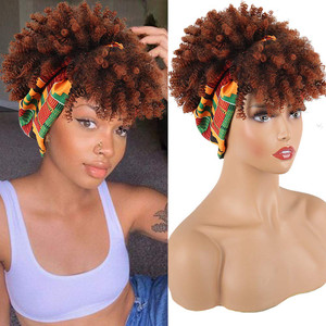 Aisaide Wrap Wigs for Black Women,Short Kinky Curly Wigs Brown Wigs with Bangs Headwrap Wigs 2 in 1,Synthetic Short Afro High Puff Full Wig