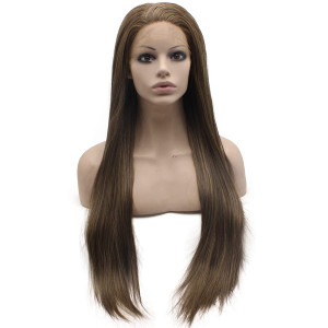 MX angel Long Brown Blonde Mix Hand Tied Synthetic Wig Lace Front Natural Heat Friendly Wig