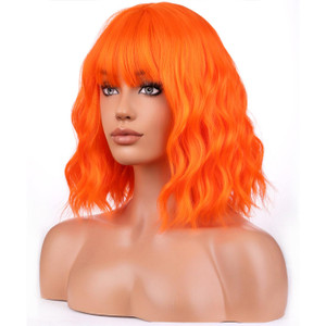 BERON Orange Wigs for Women Short Curly Girls Neon Orange Wig Womens Bright Colored 12" Wavy Bob Heat Resistant Synthetic Hair Wig with Wig Cap