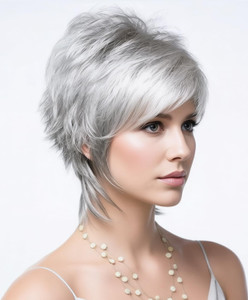 SEVENCOLORS Short Grey Wigs for Women Natural Layered Pixie Cut Wig with Bangs Synthetic Hair Short Silver Gray Wigs for Older White Women