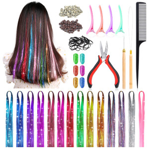14 Colors Hair Tinsel Kit with Tool, 47 inch 2800 Strands Tinsel Hair Extensions for Women Girls, Fairy Hair Tinsel Glitter Sparkling Shiny Colorful