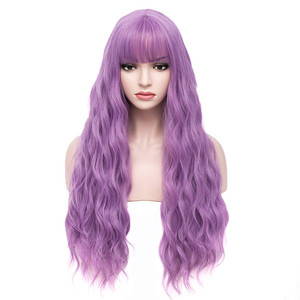 BERON 27 Inches Lavender Purple Wig Long Curly Purple Wig with Bangs for Women Fluffy Wavy Heat Resistant Synthetic Wigs (Lavender Purple)