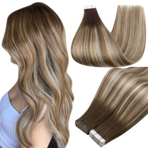 Full Shine Human Hair Tape in Extensions 12 Inch Tape Hair Extensions 3 Darker Brown to 8 Ash Brown Highlight 22 Medium Blonde Tape ins for Women Pu