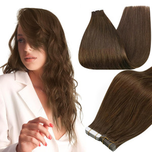 Full Shine Tape in Hair Extensions Color 4 Medium Brown Tape in Extensions Real Human Hair 20Pcs Extension 50G Seamless Invisible Skin Weft Adhesive