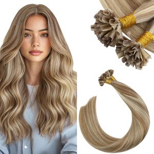 Ugeat Utip Hair Extensions Human Hair Blonde K Tip Hot Fusion Hair Extensions Golden Brown Highlight Bleach Blonde Keratin K Tip Extensions for Women