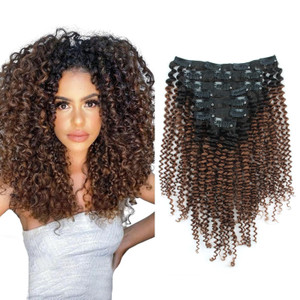Sassina Ombre Kinky Curly Clip in Human Hair Extensions for African American Black Women Double Wefts 3C 4A Afro Kinky Curly Clip in 7Pcs-120G Ombre