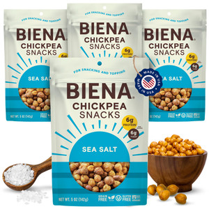 BIENA Chickpea Snacks - Crunchy Roasted Chickpeas - High Fiber Vegan Protein Snacks for Adults and Kids - 4-Pack, 5 Ounce Bags - Sea Salt