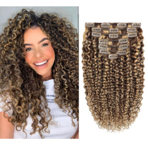 Lacer Curly Clip in Human Hair Extensions Jerry Curly 3B 3C Real Hair Clip in Extensions For Black Women Dark Brown mixed with Strawberry Blonde 100%