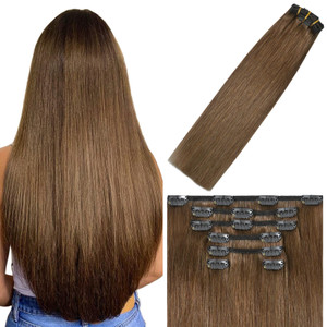 WindTouch Clip In Hair Extensions Real Human Hair Light Brown Extensions 18Inch 75g 7Pcs Human Hair Clip in Extensions #6 Chestnut Brown Hair Extensi