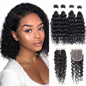 Foruiya Water Wave 4Bundles(50g/bundle) with 4X4 Lace Closure Deep Curly Human Hair Bundles with Closure Brazilian Wet and Wavy Bundles with Closure(