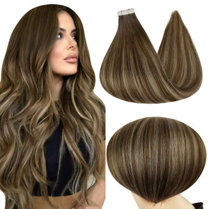 Full Shine Tape in Hair Extensions Human Hair 12Inch Invisible Hair Extensions 30G Tape in Remy Hair 4 Medium Brown Ombre 24 Blonde Highlight 4 Doubl