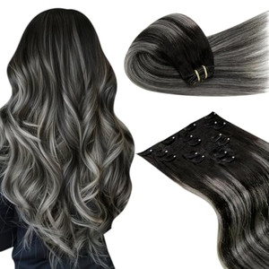 LaaVoo Clip in Hair Extensions Black Balayage Grey Silver Clip in Hair Extensions Real Human Hair Ombre Human Hair Clip ins Extension 14 Inch 7pcs/12