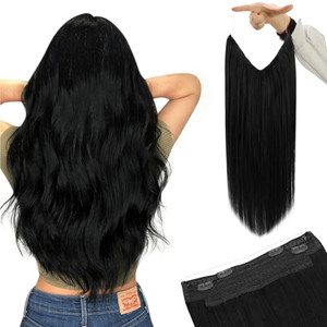 YoungSee Invisible Wire Hair Extensions Jet Black Human Hair Wire Extensions Black Fish Line Hair Extension Real Human Hair Easy to Wear 18inch 85g