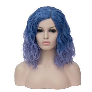 BUFASHION 14" Women Short Light Pink Kinky Straight Cosplay Synthetic Wigs With Air Bangs 46 Colors Available (Ombre Light Blue 1)