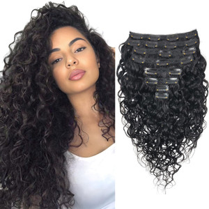 Doren Deep Curly Clip In Human Hair Extensions for Women 8Pcs 20Clips 120g Brazilian Remy Hair Water Wave Clip Ins Natural Black 24 Inches