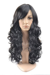 BERON Long Wavy Black Wig with Bangs for Women Adult Long Curly Black Wig Synthetic Wigs with Wigs Cap