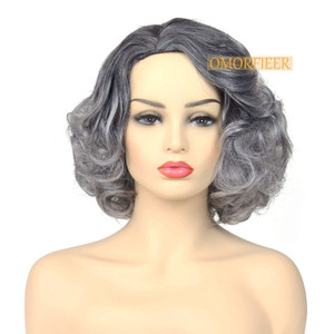 OMORFIEER Old Lady Wig Costume Granny Grey Wigs for Women Short Curly Ombre Cosplay Wig 35 cm