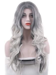 Besuante Beautyself Silver Grey Costume Wigs for Women Halloween Curly Long Wavy Fashion Cosplay Ombre Black Mix Gray Hair Wigs with Wig Cap