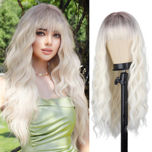 MERISIHAIR Ombre Platinum Blonde Wig with Bangs, Long Platinum Blonde Wigs for Women,Synthetic Long Platinum White Wig Dark Roots Daily Use Hair for