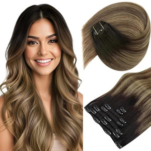 Sunny Hair Clip in Hair Extensions Real Human Hair 120g Remy Hair Clip in Extensions for Women Human Hair Extensions Black Ombre Brown Balayage Caram