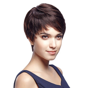 Style Icon 5" Cute Short Pixie Wigs with 100% Brazilian Hair (NATURAL DARK BROWN, Side Swept Bangs) - Pixie Cut Wigs for Women - Short Straight Human