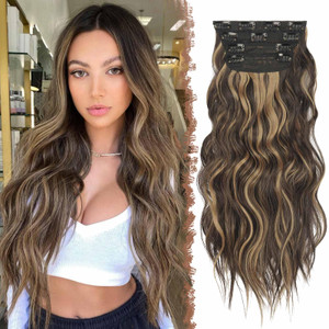FESHFEN Clip in Hair Extensions - 4 PCS Long Wavy Clip in Hairpieces Full Head Synthetic Hair Extension for Women, 20 Inch Brown Highlighteded Carame