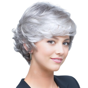 TISHINING Pixie Cut Grey Short Curly Wigs for White Women Layered Silver Gray Synthetic Short Hair Wigs with Bangs Salt and Pepper Wigs for Women
