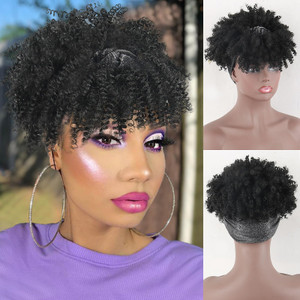 LEOSA Head Wrap Wigs 2 in 1 Head Ponytail Wrap Short Kinky Curly Afro Puff with Bangs Drawstring Ponytail Extension for Black Women