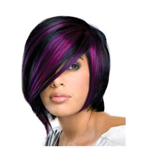 Sharebeauty 12" 30cm Short Straight Bob Wigs for Women Black with Purple Highlight Streaks