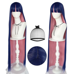 ANOGOL Hair Cap+ Blue Mix Pink Wig 105cm Long Straight Stocking Wigs for Girl with Bangs Costume for Women Synthetic Hair Wigs for Stocking Cosplay H