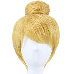 ANOGOL Hair Cap+ Women Short Gold Wig with Buns Straight Cosplay Costume Wig for Halloween Party Hair Gold Blonde Christmas Wig