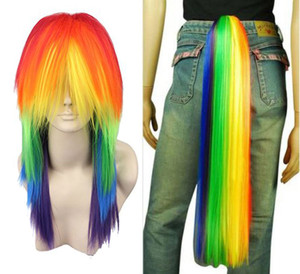 ANOGOL Hair Cap+ Rainbow Wig with Tail Long Straight Colorful Synthetic Wigs for Women Men Multi-Colored Scene Wigs Cosplay for Anime Cosplay Hallowe
