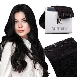 RUNATURE Black Clip in Hair Extensions, Real Hair Extensions Clip Ins, Long Human Hair Clip in Extensions, Remy Soft Hair, Natural Looking, 20 Inch 5