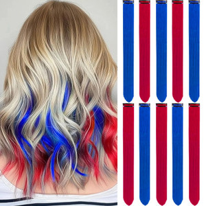 LADYAMZ Colored Hair Extensions 10 PCS, Colorful Party Highlights Clip in Synthetic Hair Extensions, Red and Blue Hair Accessories Hairpiece for Girl