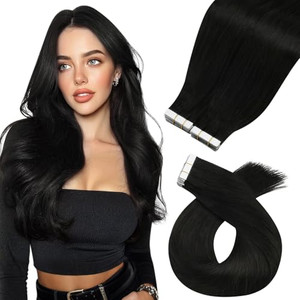 Moresoo Natural Black Tape in Hair Extensions Invisible Human Hair Tape in Extensions For Daily Straight Hair Glue in Extensions Real Human Hair #1B