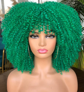 RunM Short Curly Afro Wig With Bangs for Black Women Kinky Curly Hair Wig Afro Synthetic Full Wigs?Green ?